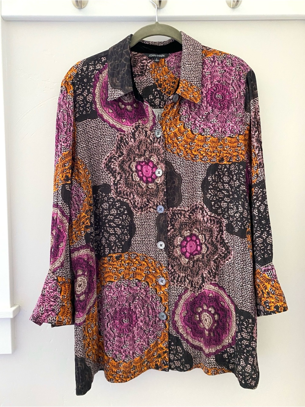 John Mark Boho Mandala Crochet Inspired Basket Weave Print Button Up Top Large